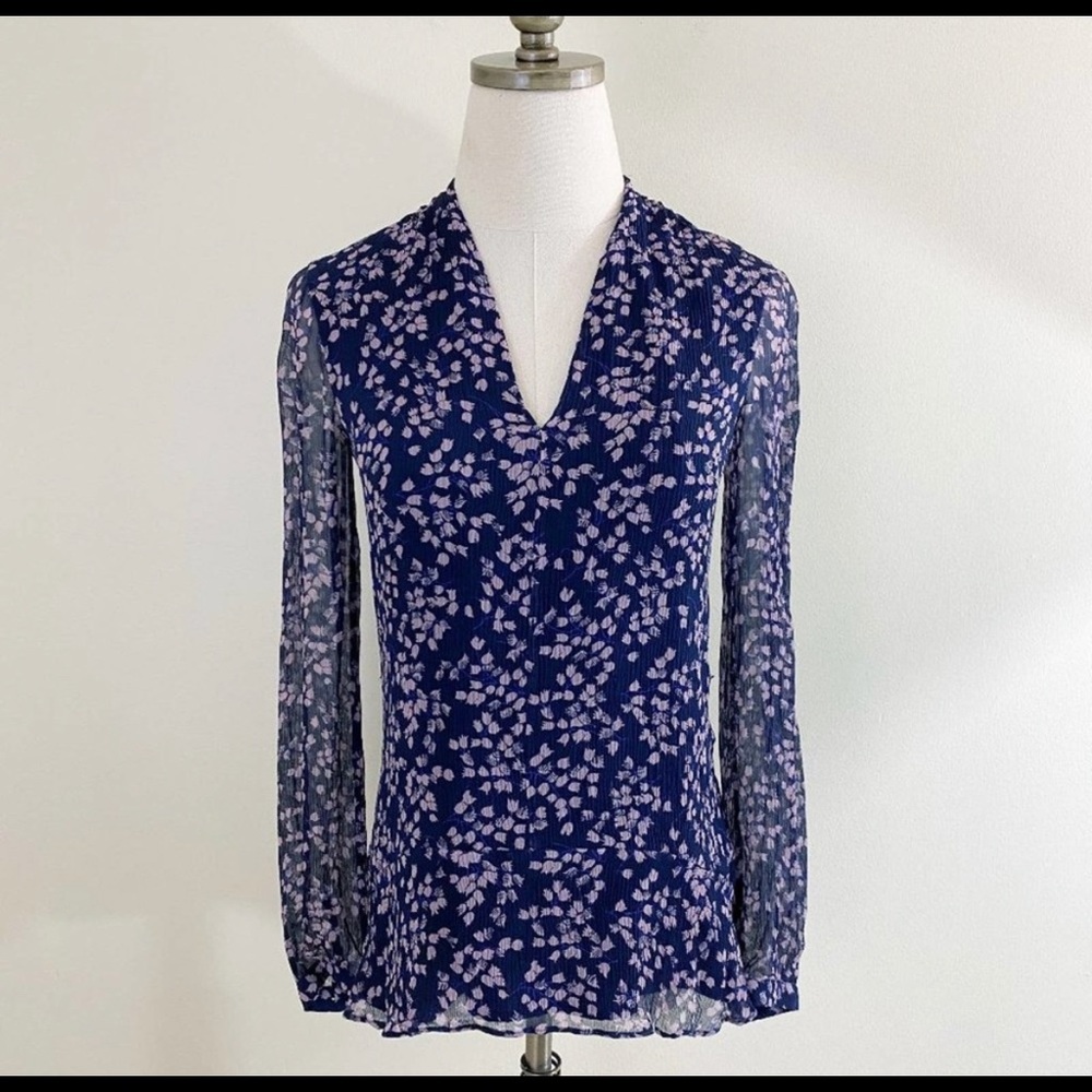 LK Bennett Navy/Lavender Long Sleeve Floral Print Silk Blouse Sheer Sleeves Sz 0
